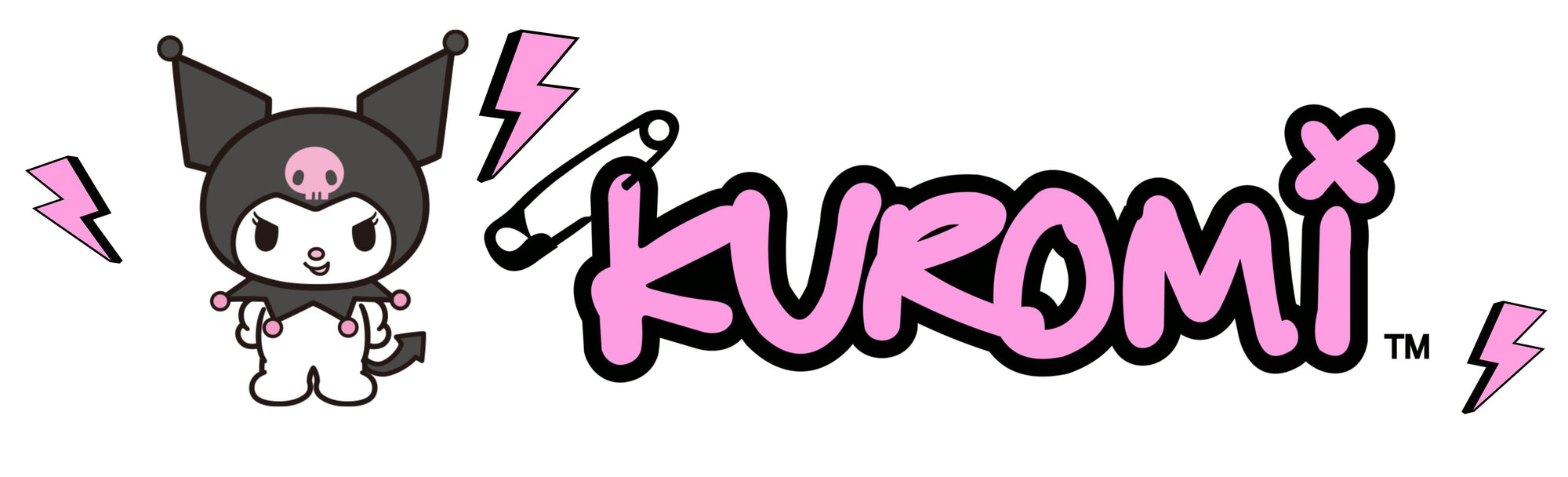 Kuromi character with pink text and lightning bolts on a white background